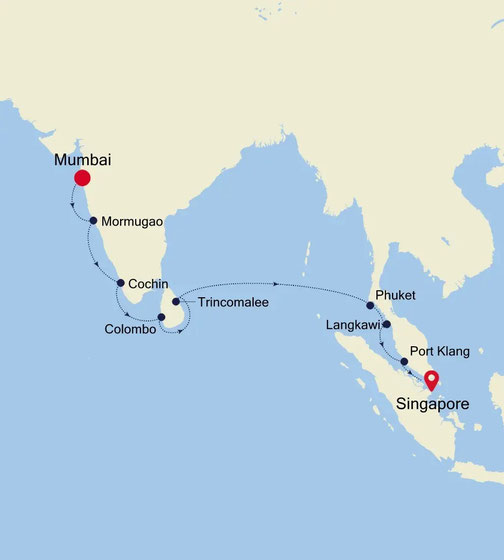 Routenplan der Silver Dawn - Mumbai nach Singapur
