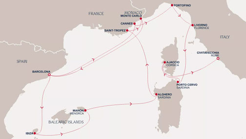 Reiseroute mit EXPLORA I von Barcelona nach Civitavecchia