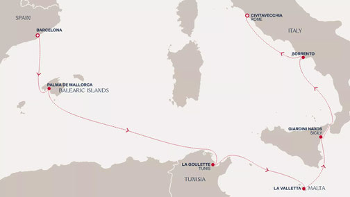 Reiseroute mit EXPLORA I von Barcelona nach Civitavecchia