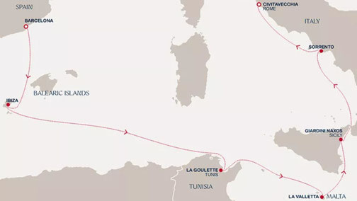 Reiseroute mit EXPLORA I von Barcelona nach Civitavecchia