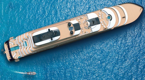Ilma - Ritz Carlton Yacht liegt auf dem Wasser und wird von oben betrachtet - ein kleines Boot fährt vom Heck vorbei