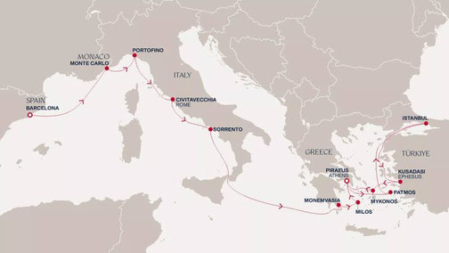 Routenkarte EXPLORA II von Explora Journeys - Extended Journey von Barcelona nach Piräus/Athen