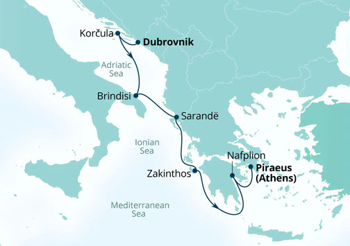 Routenkarte der Seabourn Quest von Dubrovnik nach Athen