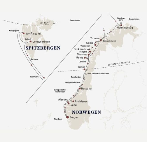 Routenkarte Spitzbergen Linie Bergen nach Bergen