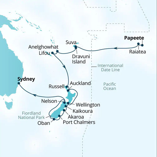 Route der Seabourn Sojourn - Etappenreise 2026 Pazifik und Neuseeland