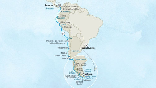 Routenkarte von Panama City nach Buenos Aires mit Scenic Eclipse