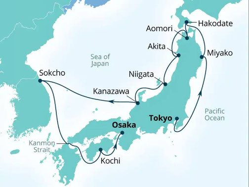 Reiseroute Seabourn Encore von Tokio nach Osaka