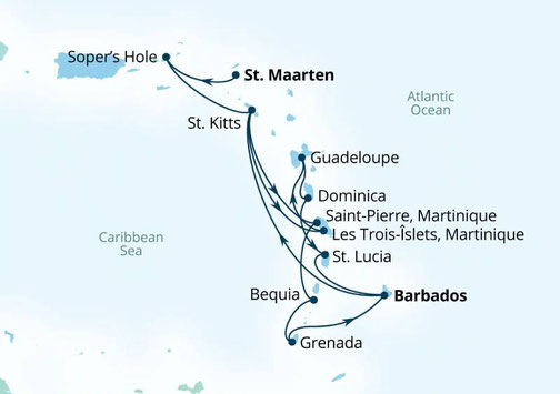Routenkarte Seabourn Ovation von St. Maarten nach Barbados