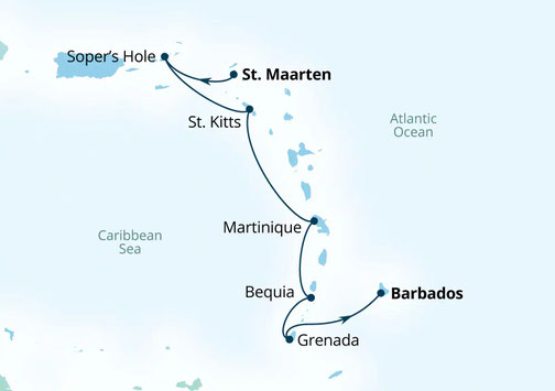 Routenkarte Seabourn Ovation von St. Maarten nach Barbados