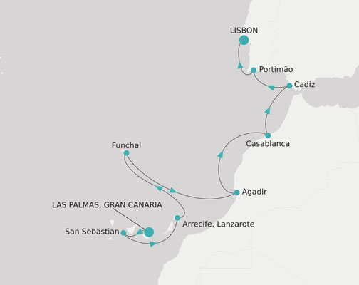 Routenkarte von Las Palmas nach Lissabon mit Crystal Symphony