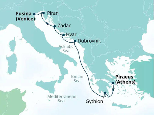 Reiseroute Seabourn Quest von Athen nach Venedig
