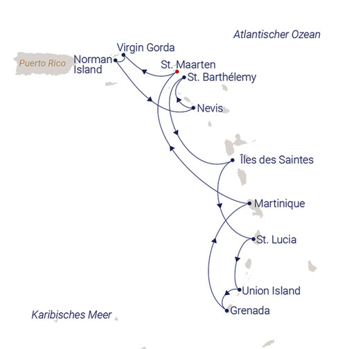 Routenkarte SCS-2505 Karibik im Winter | 2025 Sea Cloud Spirit