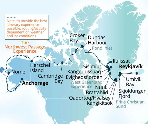 Reiseroute mit Seabourn Venture von Reykjavik nach Anchorage