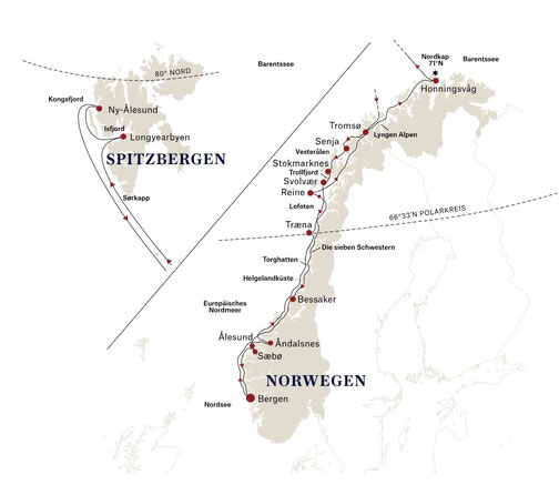 Routenkarte der Spitzbergen-Linie mit Hurtigruten von Bergen nach Bergen