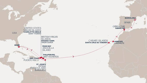 Explora I - Grand Journey von San Juan nach Barcelona Routenkarte
