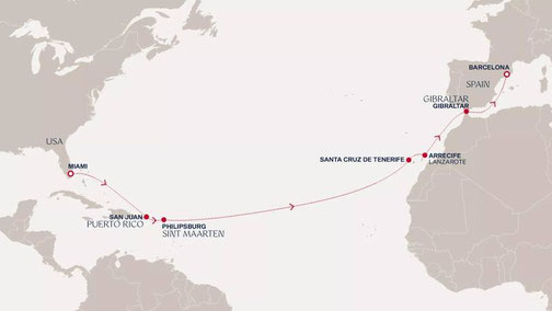 Explora I - Grand Journey von Miami, USA nach Barcelona Routenkarte