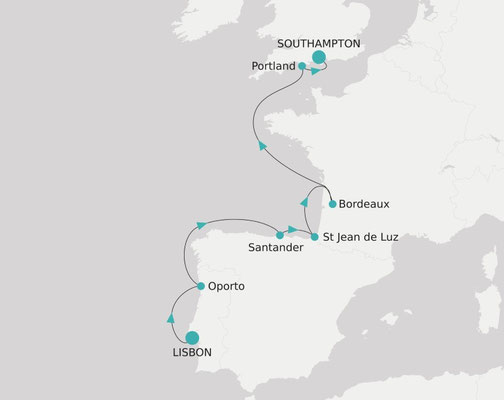 Routenkarte von Lissabon nach Southampton mit Crystal Serenity