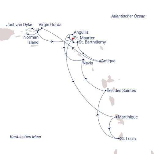 Routenkarte ab St. Maarten bis St. Maarten mit der SEA CLOUD SPIRIT