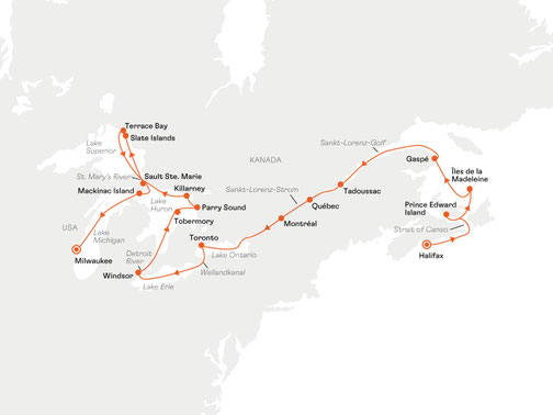Reiseroute mit HANSEATIC inspiration von Halifax nach Milwaukee