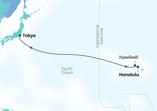 Routenkarte der Seabourn Encore von Hawaii nah Japan