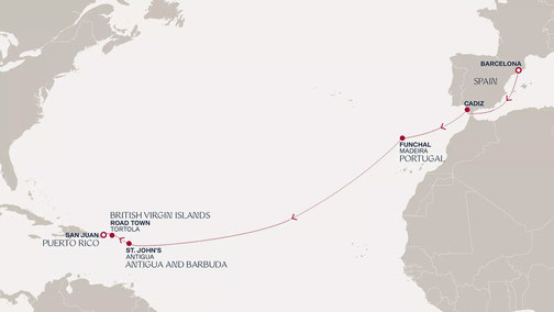 Routenkarte von Barcelona nach San Juan mit EXPLORA I