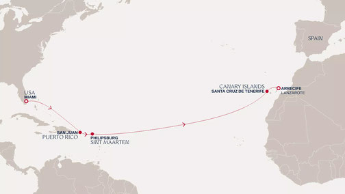 Routenkarte von Miami nach lanzerote mit EXPLORA I