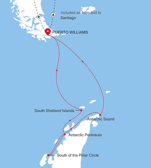 Reiseroute Silver Wind - Expeditionsreise von Puerto Williams nach Puerto Williams