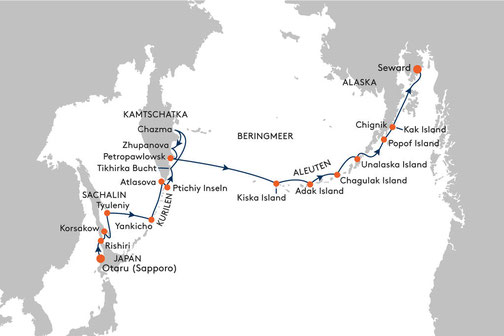 Kreuzfahrtroute Kamtschatka Hapag-Lloyd von Otaru nach Seward