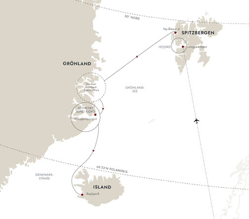 Routenkarte von Longyearbyen nach Reykjavík mit MS Fram