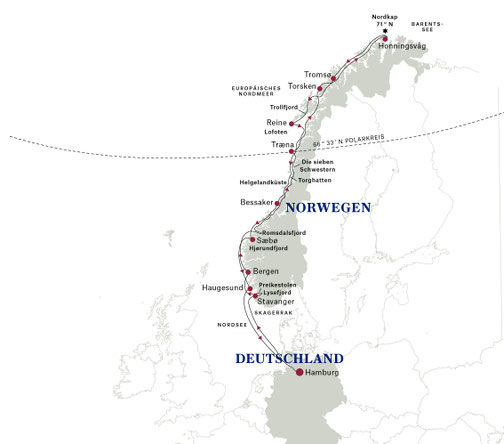 Route MS Finnmarken - Hurtigruten Nordkap-Linie ab Hamburg, Winter