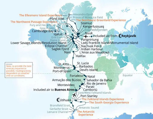 Routenkarte Seabourn Venture Pol zu Pol Reise