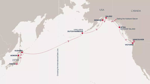 Routenplan der Explora 3 von Explora Journeys - EXPLORA I von Explora Journeys - Grand Journey von Tokio nach Vancouver