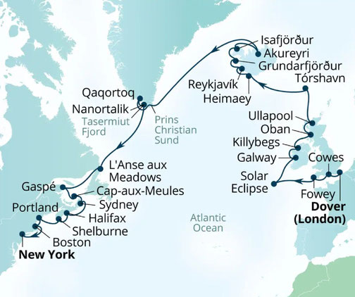 Reiseroute mit Seabourn Ovation von Dover nach New York