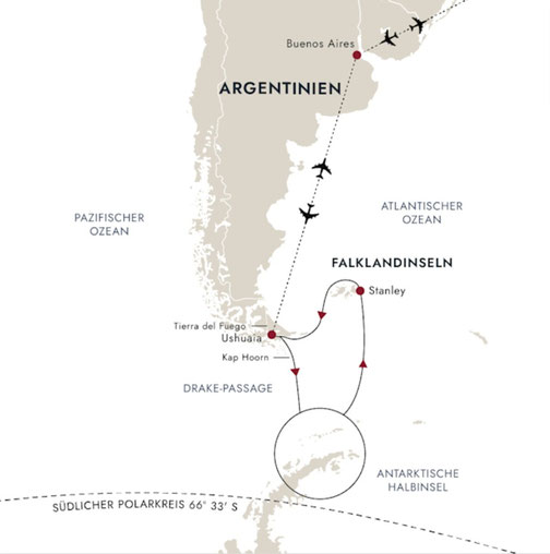 Routenkarte der MS Roald Amundsen von Buenos Aires nach Buenos Aires