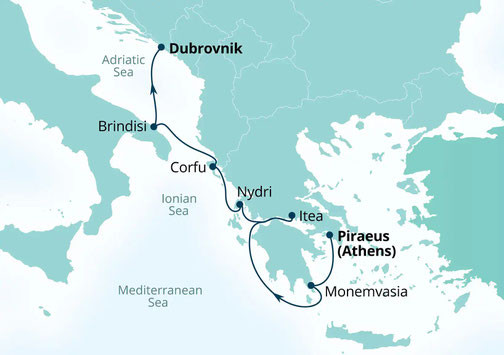 Reiseroute Seabourn Encore - Piräus nach Dubrovnik Kreuzfahrt