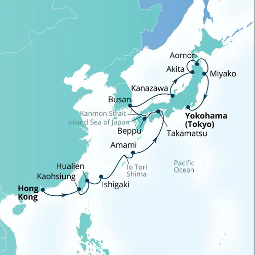 Route der Seabourn Sojourn - Etappenreise 2026 Japanumrundung