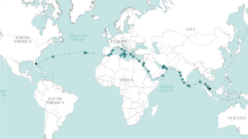 Routenkarte Crystal Grand Journey 2028 Singapur bis Fort Lauderdale