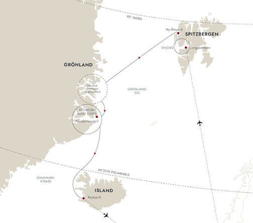 Reiseroute Longyearbyen nach Reykjavik
