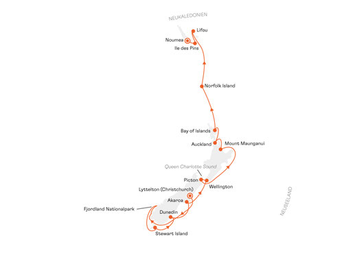 Reiseroute mit HANSEATIC spirit von Christchurch nach Noumea