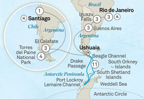 Routenkarte von Santiago nach Rio de Janeiro mit Scenic Eclipse
