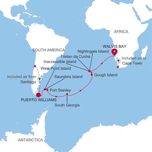 Reiseroute Silver Wind von Silversea - Puerto Williams nach Walvis Bay