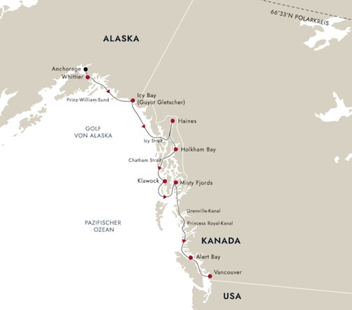 Reiseroute mit MS Roald Amundsen von Whittier nach Vancouver