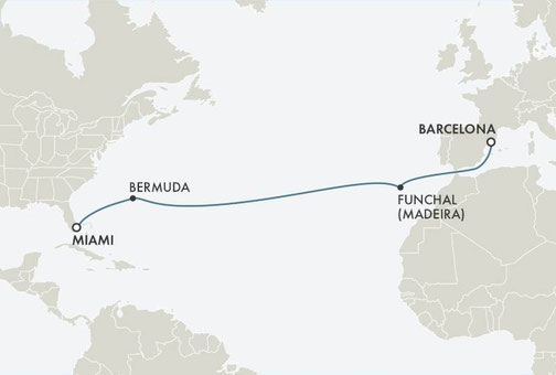 Reiseroute Seven Seas Grandeur von Miami nach Barcelona