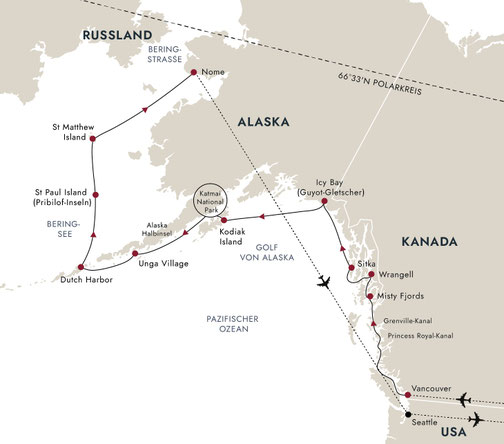 Reiseroute mit MS Roald Amundsen von Vancouver nach Seattle