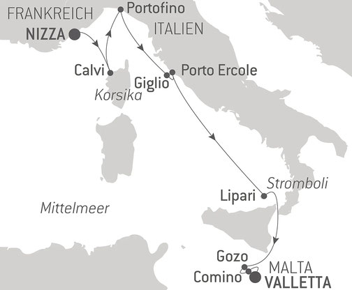 Routenkarte PONANT von Nizza nach Valletta