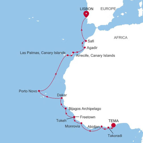 Reiseroute Silver Wind von Silversea - Tema/Accra nach Lissabon