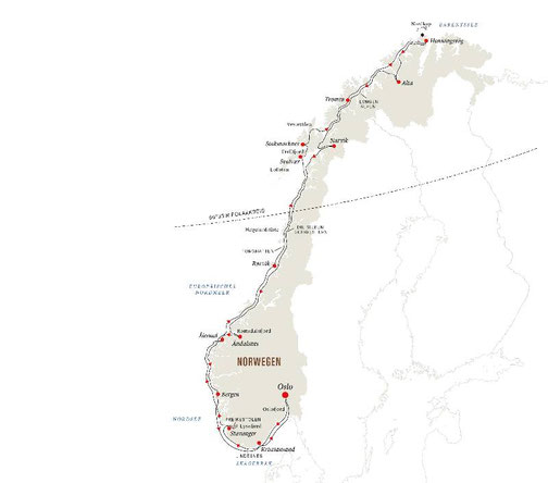 Route der Nordkap-Linie ab Oslo mit Hurtigruten