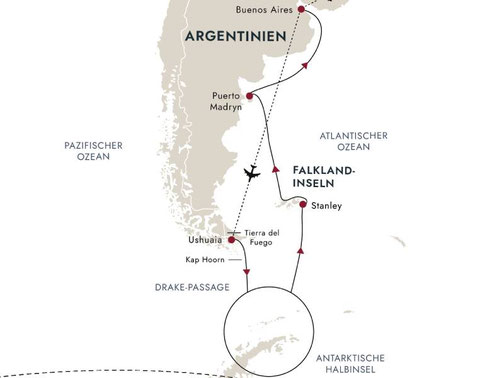 Reiseroute MS Fridtjof Nansen - Antarktis und Falklandinseln