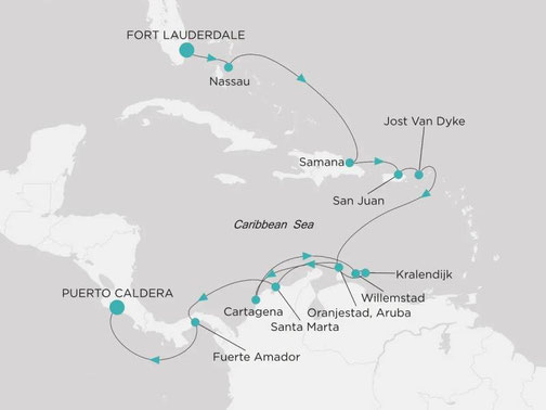 Routenkarte Crystal Serenity von Fort Lauderdale nach Puerto Caldera