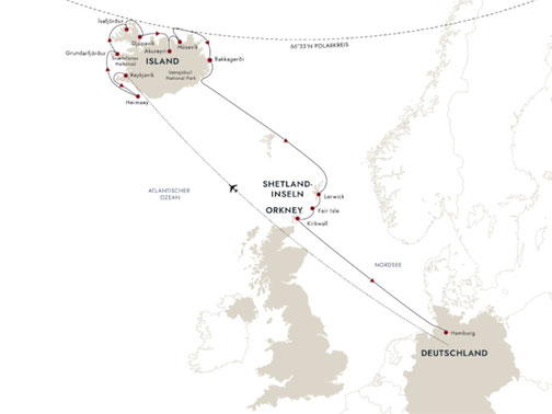 Reiseroute mit MS Spitsbergen von Reykjavik nach Hamburg